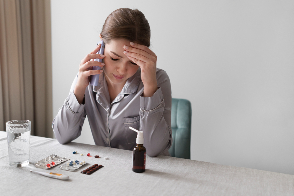 Mulher ao telefone com sinais de mal-estar, medicamentos e termômetro sobre a mesa, representando afastamento e comprovação de doença ocupacional.