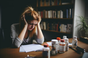 Mulher com sinais de desconforto diante de documentos e medicamentos, representando doença ocupacional e afastamento do trabalho.