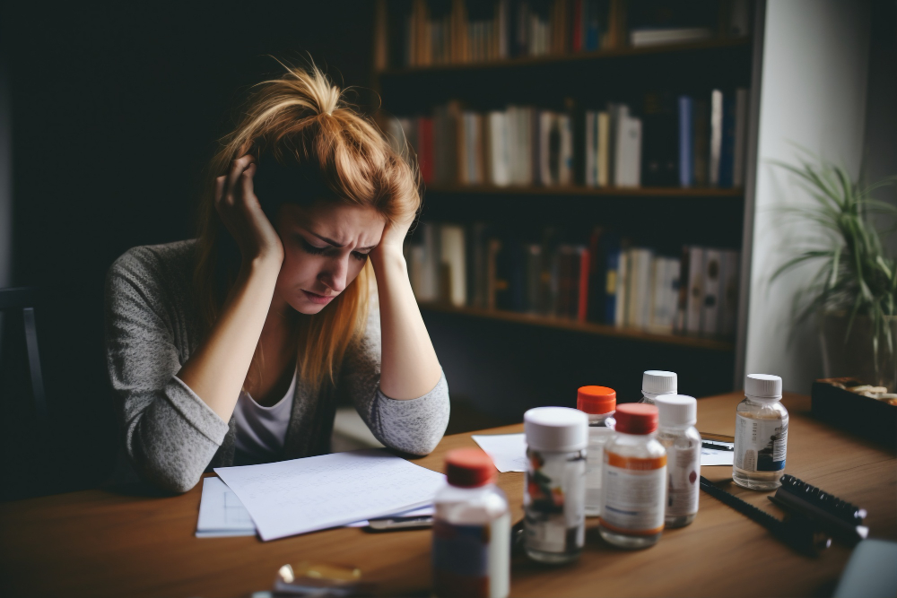 Mulher com sinais de desconforto diante de documentos e medicamentos, representando doença ocupacional e afastamento do trabalho.