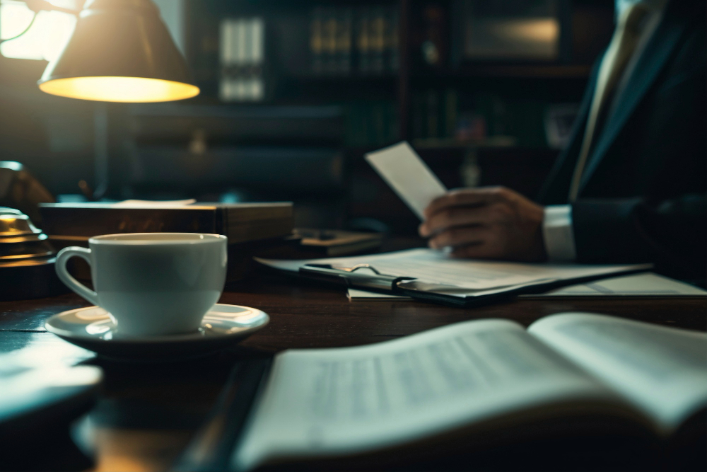 Advogado trabalhista analisando documentos em escritório durante atendimento jurídico.