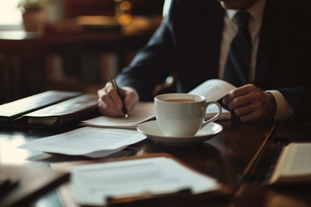 Advogado trabalhista analisando documentos em escritório durante atendimento jurídico.