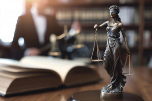 Estátua da Justiça com balança em escritório de advocacia e advogado ao fundo.