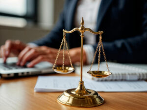 Balança da justiça em destaque com advogado trabalhando ao fundo em escritório.