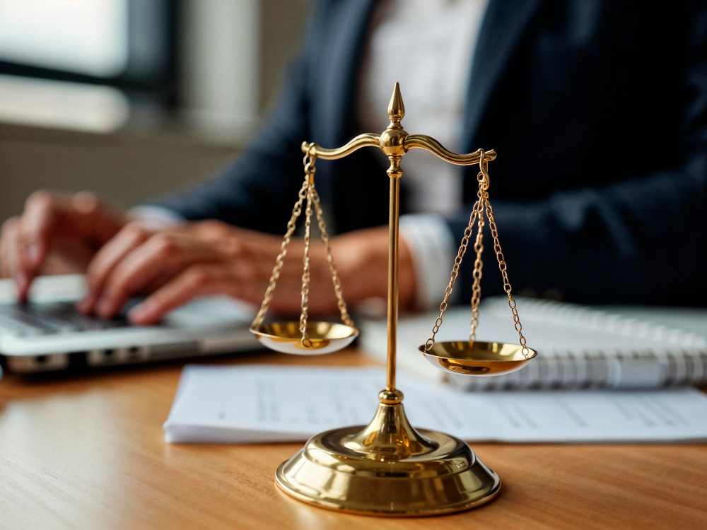 Balança da justiça em destaque com advogado trabalhando ao fundo em escritório.